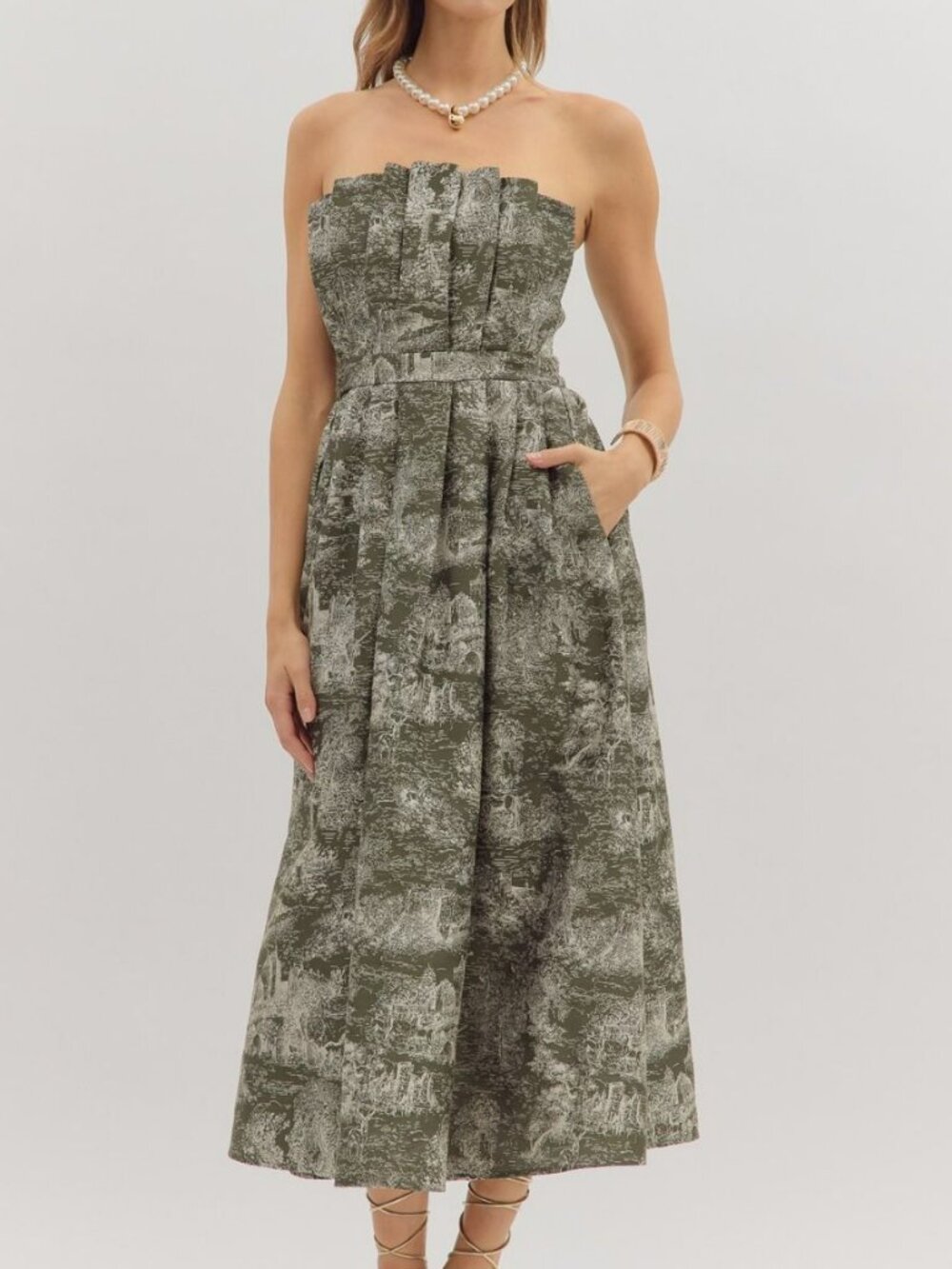 NWT Entro Printed Strapless Midi Dress in Olive